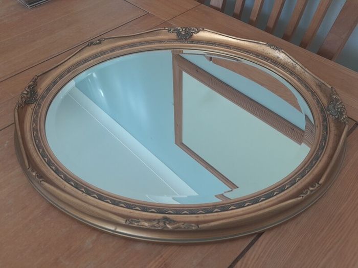 Vintage Ornate Gold Gilt Wood Oval Mirror. Bevelled Glass. 50cm x 60cm