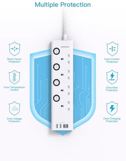 Lead with USB Slots 2 USB C HANYCONY 4 Way Plug Extension Socket with Individual Switches, 1.8M Extension Cable, Wall Mount Extension Cord, Desk Power Strip for Bedroom Office Accessories