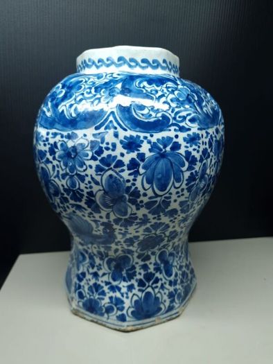 Large 18th Century Delft Blue White Vase 27cm Hand Painted Floral Bird Ceramic