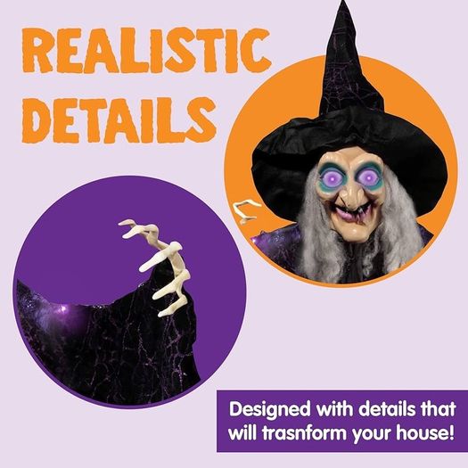 72 Inch Hanging Animated Talking Witch Decoration with Light-up Eyes and sound activation function for Halloween Haunted House Prop