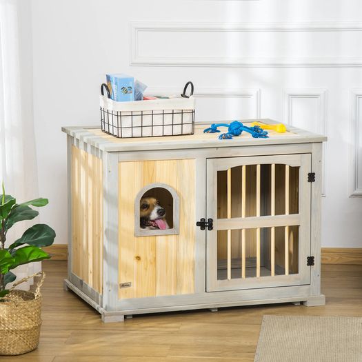 Wooden Dog Crate, Furniture Style Dog Kennel End Table w/ Lockable Door, Window, Grey and Natural