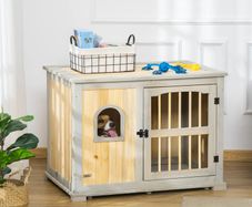 Wooden Dog Crate, Furniture Style Dog Kennel End Table w/ Lockable Door, Window, Grey and Natural