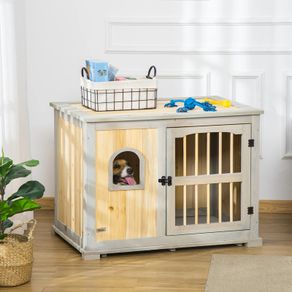 Wooden Dog Crate, Furniture Style Dog Kennel End Table w/ Lockable Door, Window, Grey and Natural