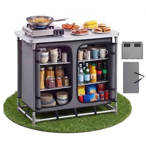 Camping Storage Cabinet, Outdoor Portable Aluminum Lightweight Table, Quick Set-up Compact Kitchen Cook Station, with 6 Shelves and Carry Bag, for Picnic, BBQ, Party, Camping, RV Traveling