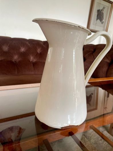Vintage Shabby Chic Antique White Enamel Jug Vase