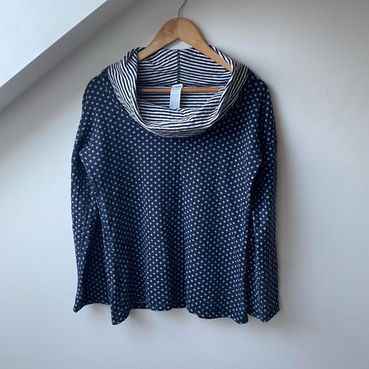 Seasalt Cornwall Organic Cotton Peach House Reversible Cowl Neck Top Navy Ditsy Stripe UK 10