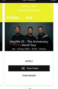 2 x Westlife Standing Tickets 3Arena Dublin Sat 19th September
