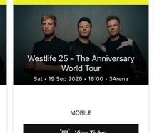 2 x Westlife Standing Tickets 3Arena Dublin Sat 19th September