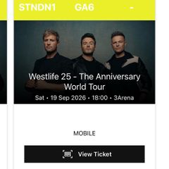 2 x Westlife Standing Tickets 3Arena Dublin Sat 19th September