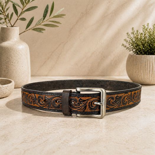 Unisex Genuine Leather Belt Vintage Embossed Design with Antique Buckle Casual & Formal Waist Belt