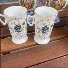 Pair of Vintage Royal Tara Fine Bone China Mugs "Tara Hall" Blue Floral (Made in Galway)