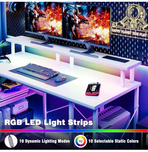 120x50cm Gaming Desk with LED Lights & Power Outlets,White Storage Shelves, Dual Monitor Stand, Home Office & Study, Work from Home, Bedroom, Small Spaces, Dorm, Space-Saving, Students