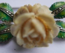 Vintage 1930's Marcasite - Sterling - Enamel Rose Brooch