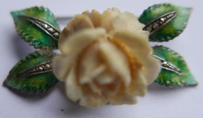 Vintage 1930's Marcasite - Sterling - Enamel Rose Brooch