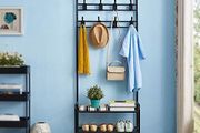Coat Rack Stand with Shoe and Removable 16 Hooks Free Standing Hall Tree Matte Steel Frame Hat for Storage, Black