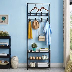 Coat Rack Stand with Shoe and Removable 16 Hooks Free Standing Hall Tree Matte Steel Frame Hat for Storage, Black