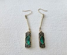 Art Deco Style Emerald Stone Dangle Gold Earrings