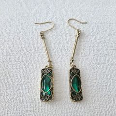 Art Deco Style Emerald Stone Dangle Gold Earrings