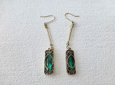 Art Deco Style Emerald Stone Dangle Gold Earrings