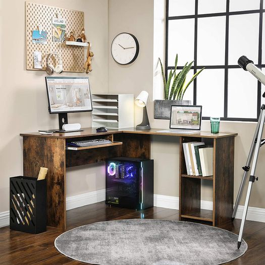_Corner, L-Shaped Computer Table, with 2 Tier Storage Shelf, Keyboard Stand, for Desk, 140 x 120 x 75 cm, Rustic Brown