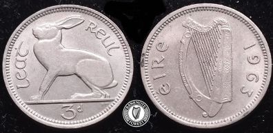 [#600] - Ireland 1963 | Irish 3d | Three Pence | Hare | KM.12a