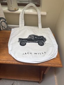 Jack Wills White Fabric Tote Bag with Black Writing and Photo of Jeep