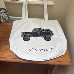 Jack Wills White Fabric Tote Bag with Black Writing and Photo of Jeep