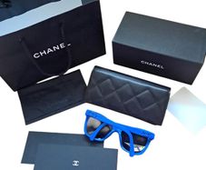 Chanel electric-blue y2k sunglasses, case, bag