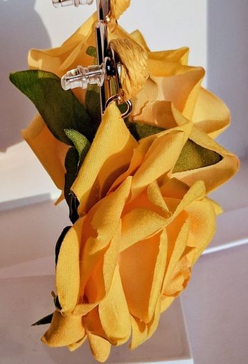 Realistic Yellow Extravagant Rose with Raffia Woven Stud Earrings
