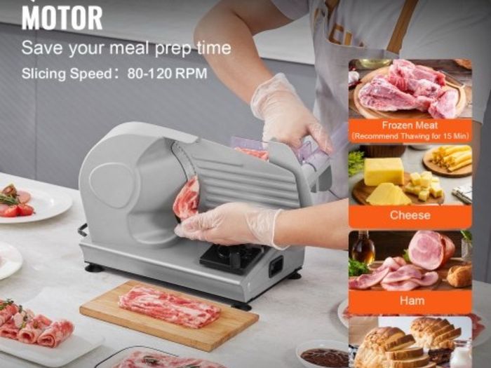 New Meat Slicer, 180W Electric Deli Food Slicer with 19.1 cm SUS420 Stainless Steel Blade and Blade Guard, 0 - 1.5 cm Adjustable Thickness for Home Use, Easy to Clean, Cut Meat, Bread, Ham and Cheese