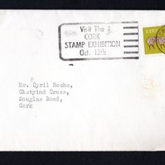 1973 Ireland Visit The Cork Stamps Exhibition October 13th Slogan tying 5p Gerl definitive stamp on plain cover. Cork cancel of 5 October 1973