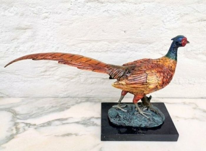 Pheasant (32 cm) - Cold Painted Bronze, Marble, Signed