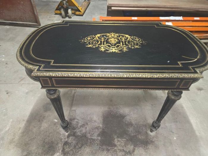 A 19th Century French Ebonised and Brass inlay and Metal Mounted Table with Drawer