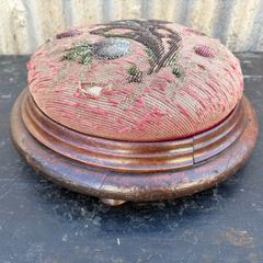 Victorian turned wood and embroidery foot stool in origin finish and condition, c1860