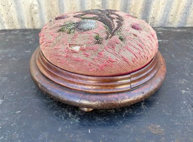 Victorian turned wood and embroidery foot stool in origin finish and condition, c1860