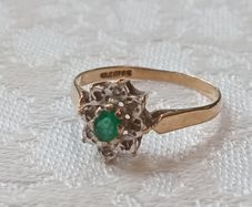 9ct Gold Emerald & Diamond Cluster Ring - Size L.5 - Fully Hallmarked