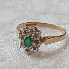 9ct Gold Emerald & Diamond Cluster Ring - Size L.5 - Fully Hallmarked