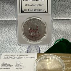 1oz Fine 999 Silver Bullion Krugerrand 50th Anniversary 2017 Coin/Coa.