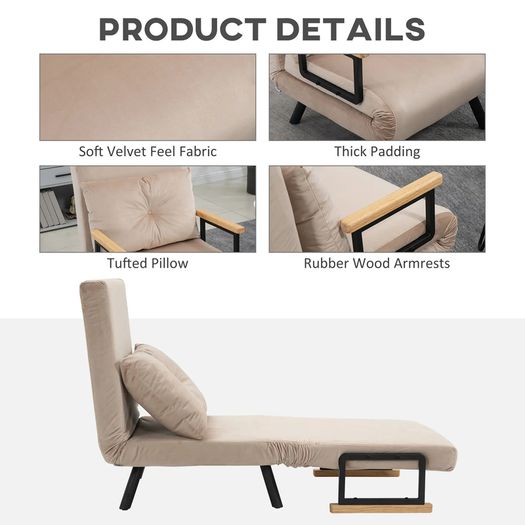 4 in 1 Velvet Feel Single Chair Bed, with Throw Pillow