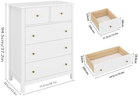 Chest of Drawers, White Sideboard with 5 Drawers, Side Cabinet, Lots of Storage Space, Multi-Purpose Cabinet for Living Room, Bedroom, Hallway, 74 x 40 x 9