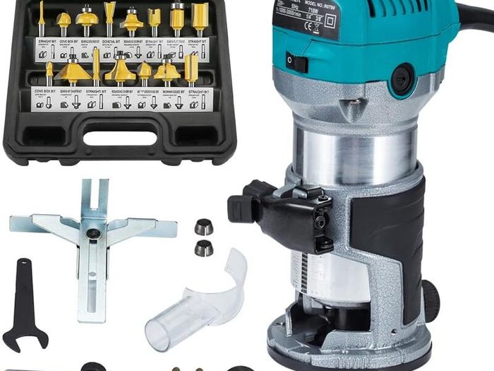 Router Trimmer, Woodworking Hand Router with Trimmer Base, Handheld Wood Compact Trim Router Power Routers Tool with 15pcs 6.35mm Router Bit Set