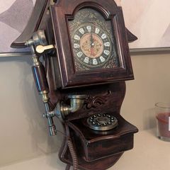 Vintage Style Wooden Wall Clock and Telephone