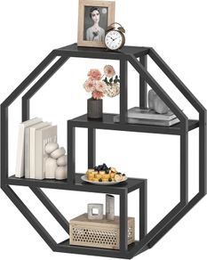 4-Tier Floating Shelves, Wooden Wall Shelf, Heavy-Duty Metal Frame, Decorative Wall Storage Shelf for Living Room, Bedroom, Kitchen, Home Office, Black