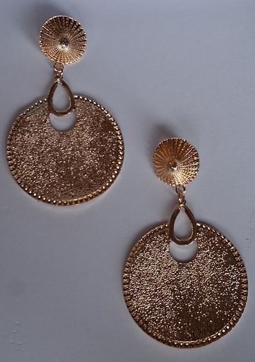 Gold Sunburst Hammered Round Disc Drop Earrings