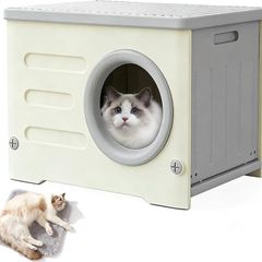 Waterproof Cat House Outdoor & Indoor, Semi-Enclosed HDPE Cat Shelter with Detachable Base - All-Weather Outdoor Cat Shelterfor Small Cats, Dogs, 54x41x31cm