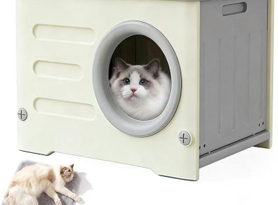 Waterproof Cat House Outdoor & Indoor, Semi-Enclosed HDPE Cat Shelter with Detachable Base - All-Weather Outdoor Cat Shelterfor Small Cats, Dogs, 54x41x31cm