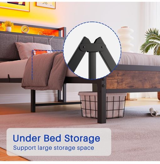 single LED Lights,Metal Upholstered Platform Bed Frame with Charging