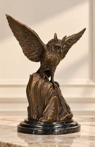 Majestic Bronze Owl Sculpture - Bronze, Marble, Signed