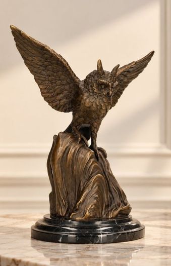 Majestic Bronze Owl Sculpture - Bronze, Marble, Signed