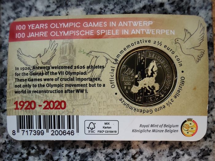 Belgium 2.5 Euro Base Metals Brilliant Uncirculated Coin 2020 - 100 years Olympic Games Antwerp - Belgian Coincard Catalogue